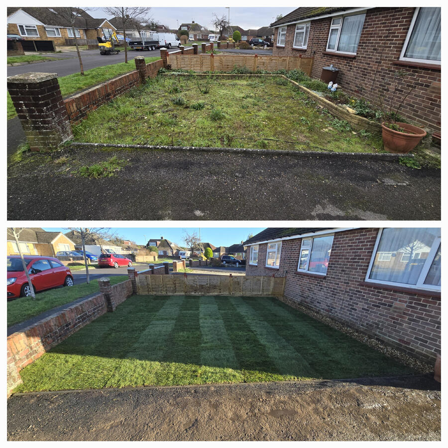 New Lawn Renewal Waterlooville New turf front lawn renewal in Waterlooville, Portsmouth. MJA Garden Landscaping bought this tired garden back to life.